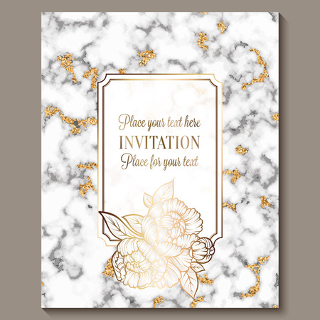 Luxury and elegant wedding invitation cards with marble texture and gold glitter background. Modern wedding invitation decorated with peony flowers.のイラスト素材