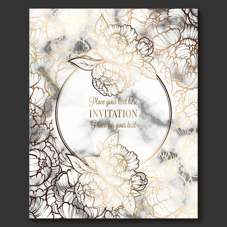 Luxury and elegant wedding invitation cards with marble texture and gold geometric template for text. Modern wedding invitation decorated with peony flower pattern.のイラスト素材