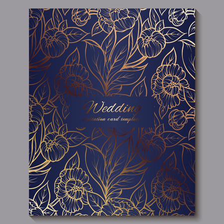 Exquisite royal luxury wedding invitation, gold on blue background with frame and place for text, lacy foliage made of roses or peonies with golden shiny gradientのイラスト素材