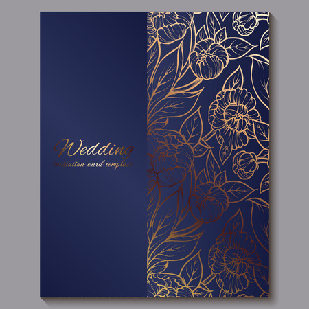 Exquisite royal luxury wedding invitation, gold on blue background with frame and place for text, lacy foliage made of roses or peonies with golden shiny gradientのイラスト素材