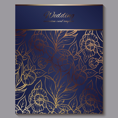 Exquisite royal luxury wedding invitation, gold on blue background with frame and place for text, lacy foliage made of roses or peonies with golden shiny gradientのイラスト素材