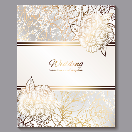 Exquisite royal luxury wedding invitation, gold on white background with frame and place for text, lacy foliage made of roses or peonies with golden shiny gradientのイラスト素材