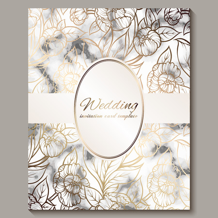 Luxury and elegant wedding invitation cards with marble texture and gold glitter background. Modern wedding invitation decorated with peony flowers.のイラスト素材