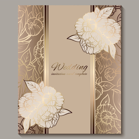 Exquisite royal luxury wedding invitation, gold floral background with frame and place for text, lacy foliage made of roses or peonies with golden shiny gradientのイラスト素材