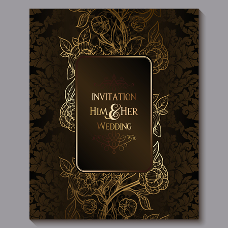Exquisite chocolate royal luxury wedding invitation, gold floral background with frame and place for text, lacy foliage made of roses or peonies with golden shiny gradientのイラスト素材