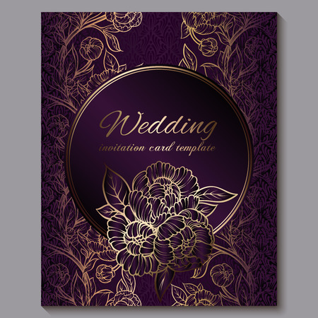 Exquisite royal purple luxury wedding invitation, gold floral background with frame and place for text, lacy foliage made of roses or peonies with golden shiny gradientのイラスト素材