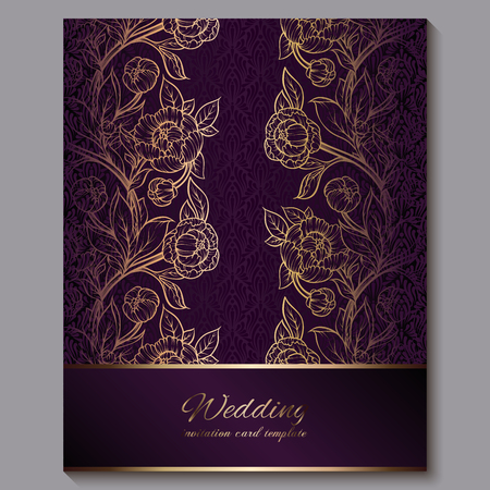Exquisite royal purple luxury wedding invitation, gold floral background with frame and place for text, lacy foliage made of roses or peonies with golden shiny gradientのイラスト素材