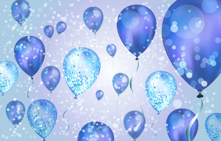 Elegant Blue Flying helium Balloons with Bokeh Effect and glitter. Wedding, Birthday and Anniversary Background. Vector illustration for invitation card, party brochure, banner.のイラスト素材