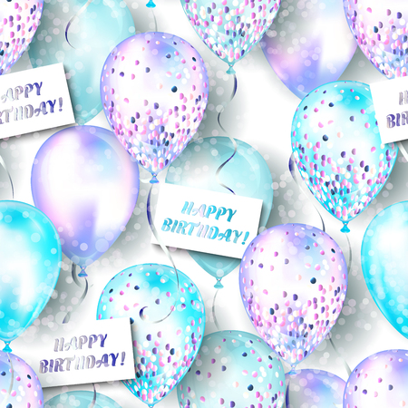 Seamless pattern made of shiny realistic 3D helium balloons for your design. Glossy balloons with glitter and ribbon, perfect decoration for birthday party brochures, invitation card or baby shower.のイラスト素材