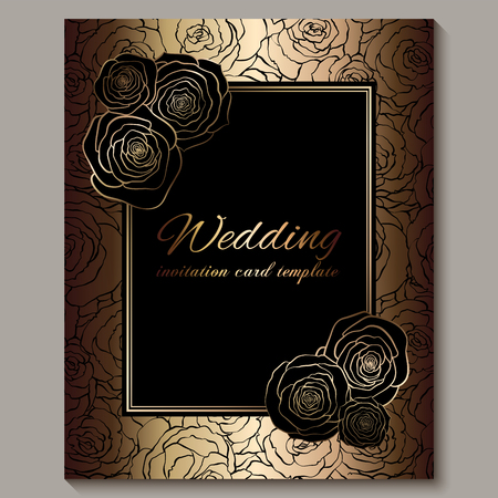 Luxury gold vintage wedding invitation, floral background with place for text, lacy foliage made of roses with golden shiny gradient. Victorian wallpaper ornaments, baroque style template for design.のイラスト素材