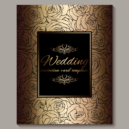 Luxury gold vintage wedding invitation, floral background with place for text, lacy foliage made of roses with golden shiny gradient. Victorian wallpaper ornaments, baroque style template for design.のイラスト素材