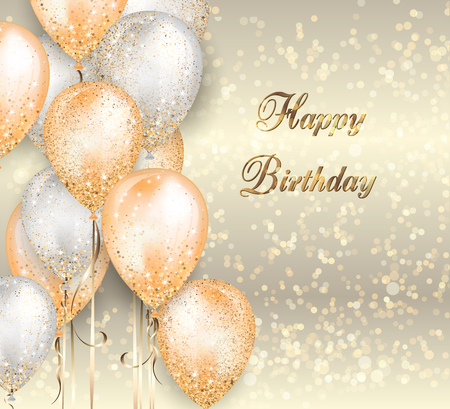 Background with gold and white balloons on strings with gold glitter for birthday decoration. Shiny glossy realistic invitation card with bokeh effect .のイラスト素材