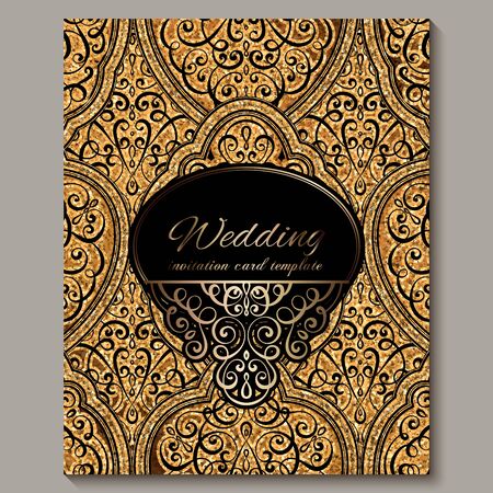 Wedding invitation card with black and gold shiny eastern and baroque rich foliage with sparkly glitter. Ornate islamic background for your design. Islam, Arabic, Indian, Dubaiのイラスト素材