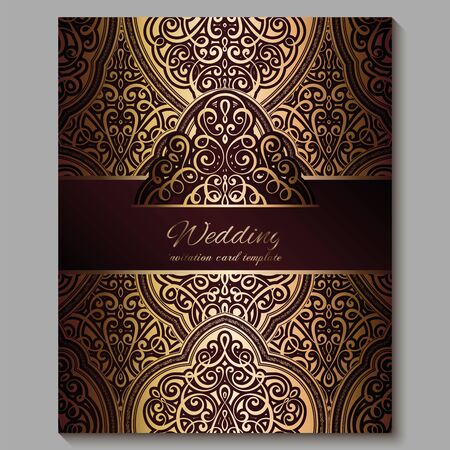 Wedding invitation card with gold shiny eastern and baroque rich foliage. Royal red Ornate islamic background for your design. Islam, Arabic, Indian, Dubaiのイラスト素材
