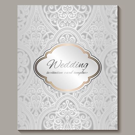 Wedding invitation card with silver shiny eastern and baroque rich foliage. Intricate Ornate islamic background for your design. Islam, Arabic, Indian, Dubaiのイラスト素材