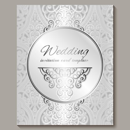 Wedding invitation card with silver shiny eastern and baroque rich foliage. Intricate Ornate islamic background for your design. Islam, Arabic, Indian, Dubaiのイラスト素材