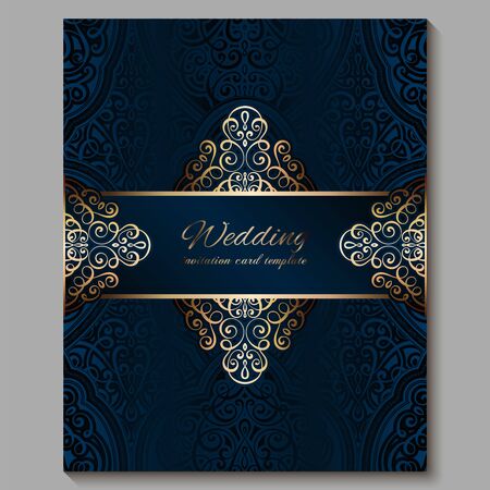 Wedding invitation card with gold shiny eastern and baroque rich foliage. Royal blue Ornate islamic background for your design. Islam, Arabic, Indian, Dubaiのイラスト素材