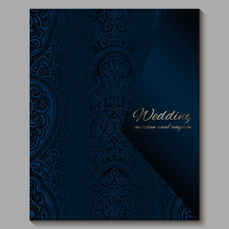 Wedding invitation card with gold shiny eastern and baroque rich foliage. Royal blue Ornate islamic background for your design. Islam, Arabic, Indian, Dubaiのイラスト素材