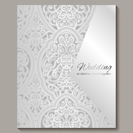 Wedding invitation card with silver shiny eastern and baroque rich foliage. Intricate Ornate islamic background for your design. Islam, Arabic, Indian, Dubaiのイラスト素材