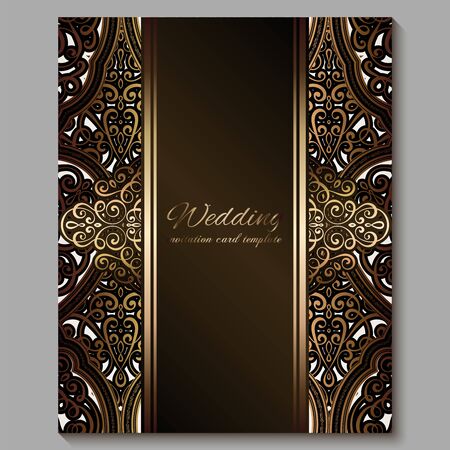 Wedding invitation card with gold shiny eastern and baroque rich foliage. Royal bronze Ornate islamic background for your design. Islam, Arabic, Indian, Dubaiのイラスト素材