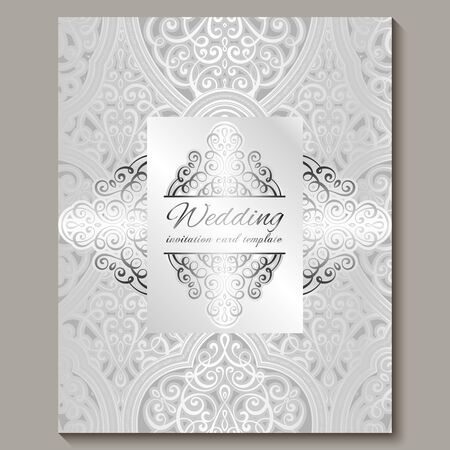 Wedding invitation card with silver shiny eastern and baroque rich foliage. Intricate Ornate islamic background for your design. Islam, Arabic, Indian, Dubaiのイラスト素材