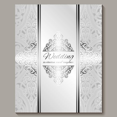 Wedding invitation card with silver shiny eastern and baroque rich foliage. Intricate Ornate islamic background for your design. Islam, Arabic, Indian, Dubaiのイラスト素材