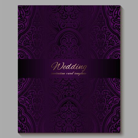 Wedding invitation card with gold shiny eastern and baroque rich foliage. Royal purple Ornate islamic background for your design. Islam, Arabic, Indian, Dubaiのイラスト素材