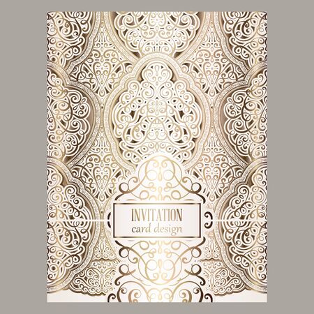 Wedding invitation card with gold shiny eastern and baroque rich foliage.のイラスト素材