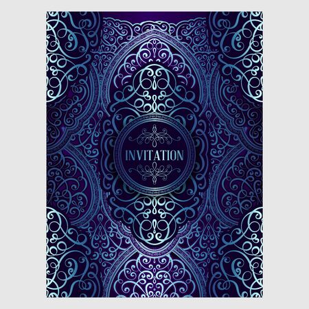 Wedding invitation card with blue shiny eastern and baroque rich foliage. Ornate islamic background for your design. Islam, Arabic, Indian, Dubaiのイラスト素材