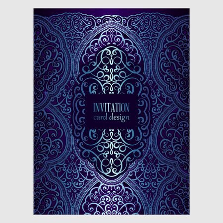 Wedding invitation card with blue shiny eastern and baroque rich foliage. Ornate islamic background for your design. Islam, Arabic, Indian, Dubaiのイラスト素材
