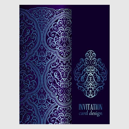 Wedding invitation card with blue shiny eastern and baroque rich foliage. Ornate islamic background for your design. Islam, Arabic, Indian, Dubaiのイラスト素材
