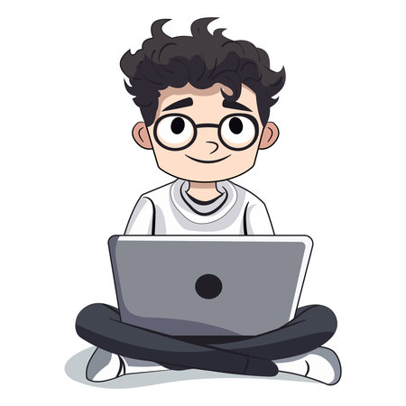 Boy sitting with a laptop in his lap.のイラスト素材
