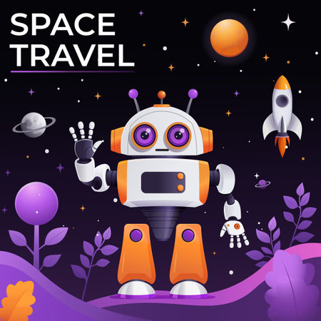 Space travel poster with cute cartoon robot. Vector illustration in flat styleのイラスト素材
