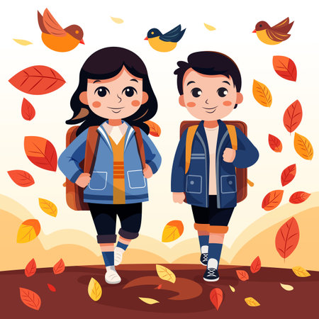 Girl and boy go to school, they have school bags Around the bird, autumn leavesのイラスト素材