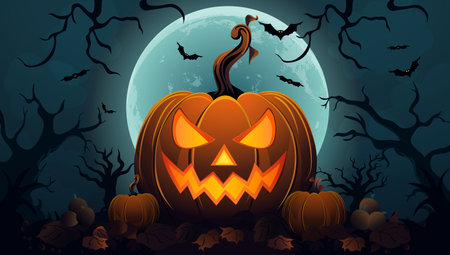 Halloween night background with pumpkins and bats. Vector illustration.のイラスト素材