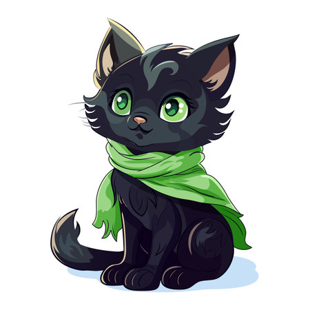 Cute black kitten with a green scarf around his neckのイラスト素材