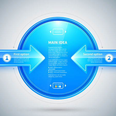 Blue glossy circle with two arrows pointing to it. Useful for presentations or web design.のイラスト素材