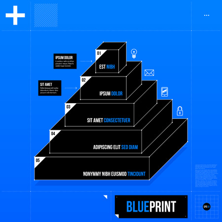 Pyramid chart template with five stages in blueprint style. のイラスト素材