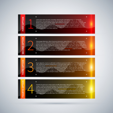 Four glossy banners with glowing stripes and numbers from one to four. Useful for tutorials or advertising.のイラスト素材