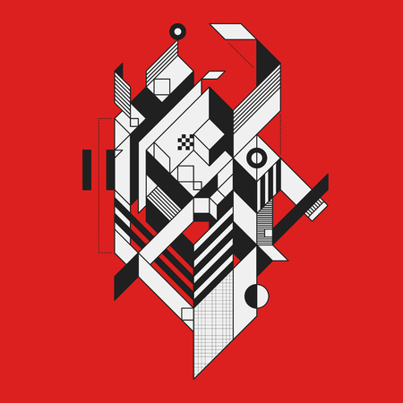 Abstract geometric element on red background. Style of futurism and constructivism. Useful as prints or posters.のイラスト素材