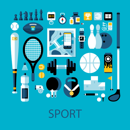 Flat colorful illustration about sport and fitness. Big set of icons and graphic elements.のイラスト素材
