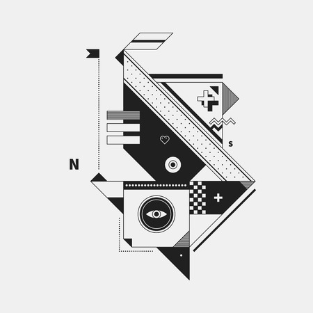 Abstract monochrome creature on white background. Style of cubism and constructivism. Useful for prints and posters.のイラスト素材