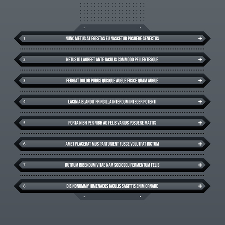 Futuristic corporate menu/list template on gray background. Useful for presentations, advertising or web design.のイラスト素材