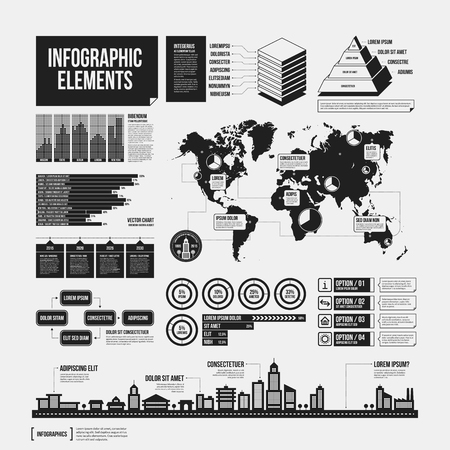 Big set of infographics elements in black and white colors. Monochrome design. Minimalistic style.のイラスト素材