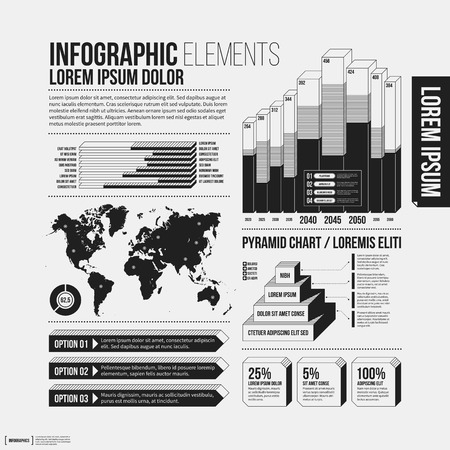 Big set of infographics elements in black and white colors. Monochrome design. Minimalistic style.のイラスト素材