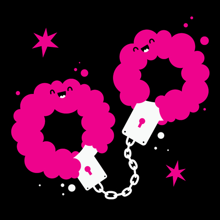 Handdrawn illustration with cute handcuffs with pink fur on black background. Useful for sex shop advertising or Valentine's day cards.のイラスト素材