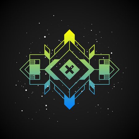 Futuristic design element in 80s style with colorful gradient on dark background. Useful as poster or print.のイラスト素材