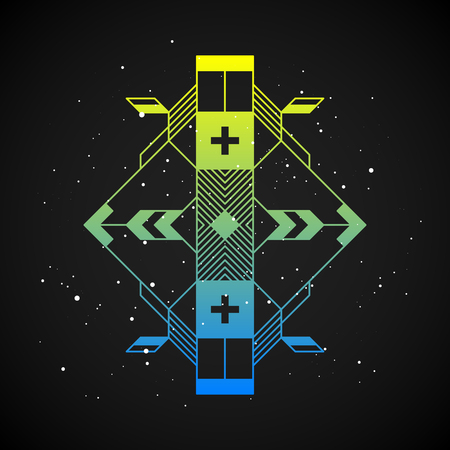 Futuristic design element in 80s style with colorful gradient on dark background. Useful as poster or print.のイラスト素材