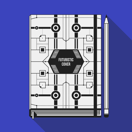 Book cover design template. Notebook mockup. Geometric futuristic elements.のイラスト素材
