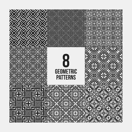 Set of 8 complex monochrome geometric patterns. Seamless backgrounds, useful for textile design.のイラスト素材